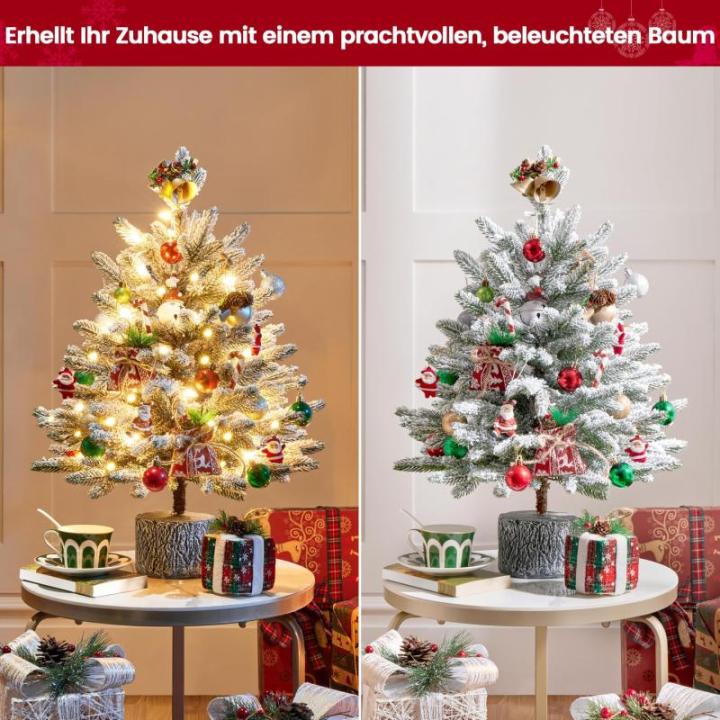 68 cm mini-kunstkerstboom met sneeuw, ingepot dennenboom met 35 leds in warm wit en 262 takpunten, met sneeuw bedekte bevlokte kleine kerstboom