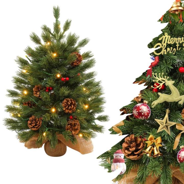 60cm Mini Künstlicher Weihnachtsbaum mit 30 LEDs Klein Tannenbaum mit Ständer PVC + PE Spitzen Christbaum für Weihnachten, Halloween, Hochzeit, Party (Kiefernzapfen + Beeren)