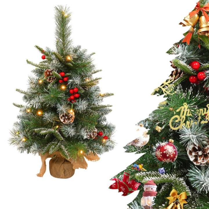 60cm Mini Künstlicher Weihnachtsbaum mit 30 LEDs Klein Tannenbaum mit Ständer PVC + PE Spitzen Christbaum für Weihnachten, Halloween, Hochzeit, Party (Schnee + Kiefernzapfen + B