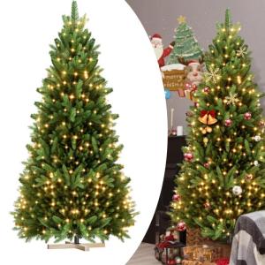 Kunstkerstboom, 180 cm, van PE en pvc, met stabiele houten standaard, realistische dennenboom, kunstkerstboom met ledverlichting voor feestelijke decoratie, snel op te bouwen, klap