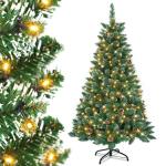 Kunstkerstboom met verlichting, wit, sneeuweffect, dennenappels, led-dennenboom, groene pvc, met metalen standaard, voor kerstdecoratie, 210 cm
