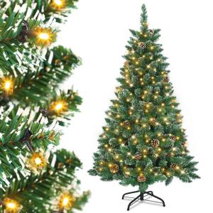 Kunstkerstboom met verlichting, wit, sneeuweffect, dennenappels, led-dennenboom, groene pvc, met metalen standaard, voor kerstdecoratie, 210 cm