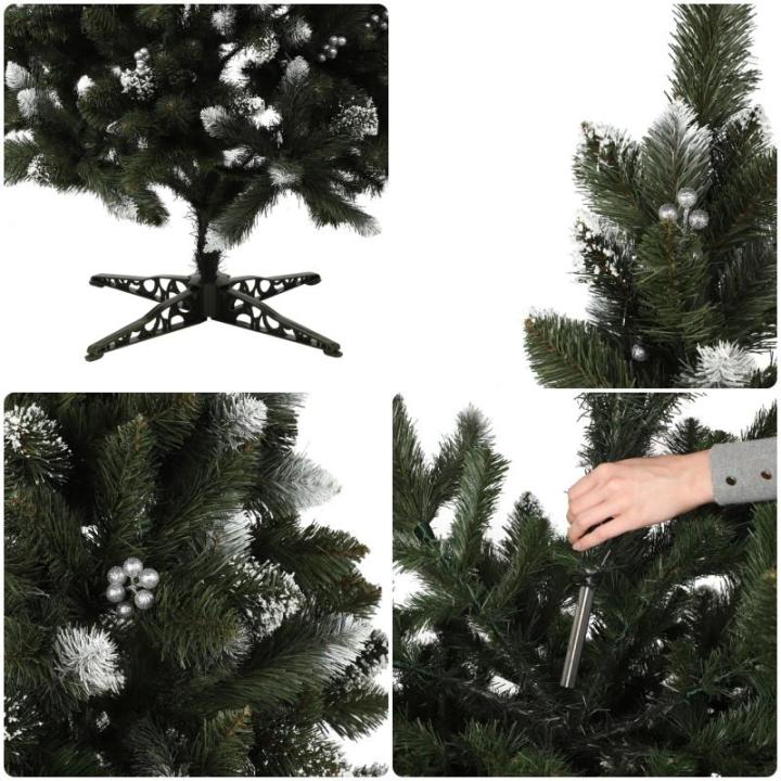 Kunstkerstboom met zilveren kralen en rijp, 220 cm dennenboom van pvc, groene kerstboom met 535 takken, kunststof standaard, Ø ca. 120 cm (premium sneeuwvlok 220 cm)
