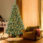 Kunstkerstboom met verlichting, 210 cm, led-kerstbomen, dennenboom, decoratieve boom met lichtketting en standaard, kerstdecoratie, groen pvc met sneeuweffect en dennenappels