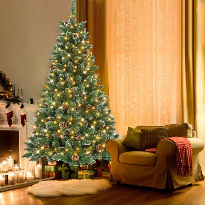 210 cm Weihnachtsbaum Künstlich Dekobaum PVC Kunstbaum mit 350 LEDs Ständer und Tannenzapfen Tannenbaum Deko Christbaum mit Schnee-Effekt Künstlicher Weinachts Baum für Drinnen