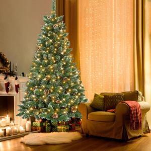 Kunstkerstboom met verlichting, 210 cm, led-kerstbomen, dennenboom, decoratieve boom met lichtketting en standaard, kerstdecoratie, groen pvc met sneeuweffect en dennenappels