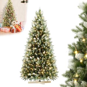 Kunstkerstboom met ledverlichting, warmwit, incl. houten standaard, natuurgetrouwe sneeuweffecten met pvc en PE, automatische kerstboom voor feestelijke decoratie, kerstdecoratie