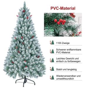 Kunstkerstboom 200 cm, kunstkerstboom met 1100 takken, met rode bessen en dennenappels, voor kerstversiering