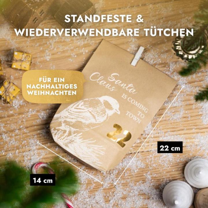 Adventskalender om te vullen, 24 papieren adventszakjes (met houten knijpers) om te knutselen voor Kerstmis, papieren kerstzakjes met cijferstickers