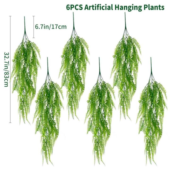 , 4/6 stuks, hangend, 80 cm, varen, groene bladeren, hangplant, , nepgroene plant, plastic planten, hangend voor binnen en buiten, decoratie (varen) (6)