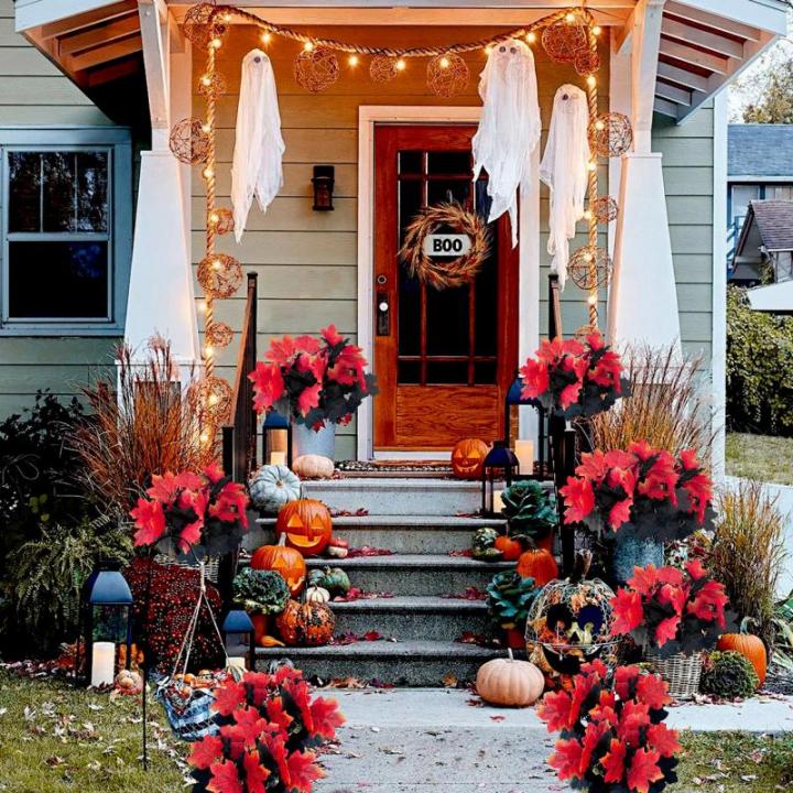 4 stuks kunstmatige esdoornbladeren, herfstbladeren, esdoorntak, decoratie voor Halloween, Thanksgiving, kunstesdoornbladeren, herfst, voor binnen en buiten, vazen (Halloween)