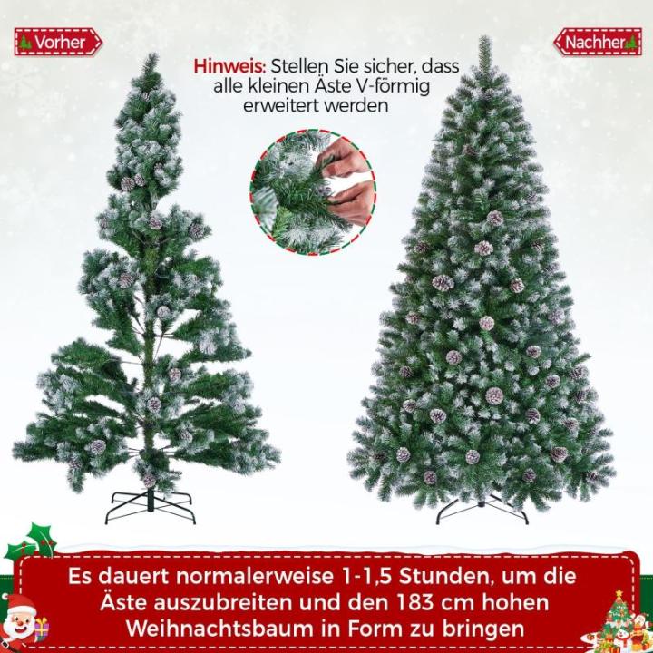 Kunstkerstboom van 183 cm met sneeuw en 64 dennenappels, diameter ca. 106 cm, 920 takpunten, moeilijk ontvlambare dennenboom met snelmontage, klapsysteem, incl. metalen standaard