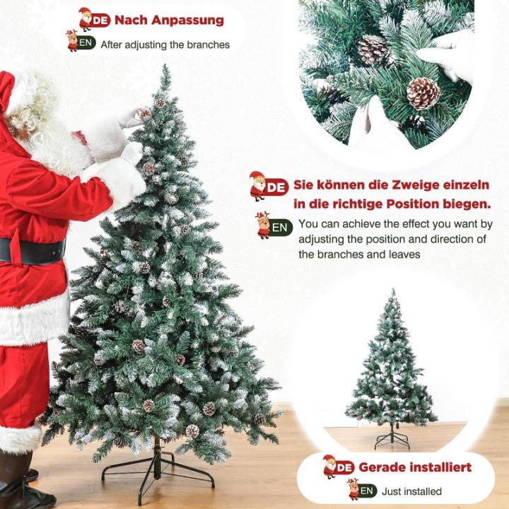 Kunstkerstboom met verlichting en witte sneeuw, led-dennenboom voor kerstdecoratie met echte dennenappels, vuurbestendig, 150 cm