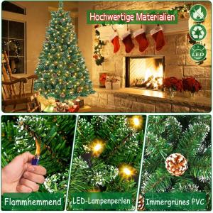 Kerstboom, kunstdennenboom van pvc, met verlichting, standaard, sneeuwdennenappels, dichte takken, kerstboom (verlichting, sneeuw, dennenappels, 180 cm)