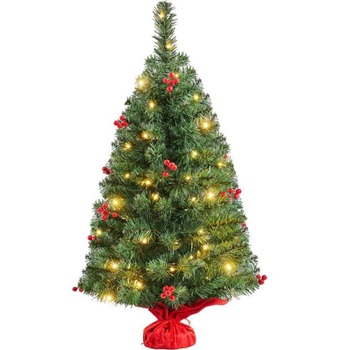 90 cm mini-kunstkerstboom met 50 warmwitte ledlampen en 60 rode bessen, kleine kerstboom, tafel, dennenboom voor kerstdecoratie, groen
