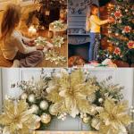 12 stuks kerstster glitter kerstster goud rood kunstbloemen decoratie, kerstster kunstbloemen met clips + voorbouwstukken, kerstbloemen voor Kerstmis, bruiloft, tuin, Nieuwjaar
