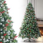 Kunstkerstboom 210 cm, dennenboom kerstboom met verlichting, met dennenappels, sneeuw, 500 twijgen, kerstboom met metalen standaard