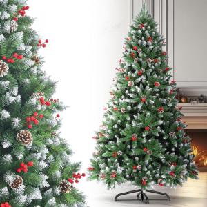 Kunstkerstboom 210 cm, dennenboom kerstboom met verlichting, met dennenappels, sneeuw, 500 twijgen, kerstboom met metalen standaard