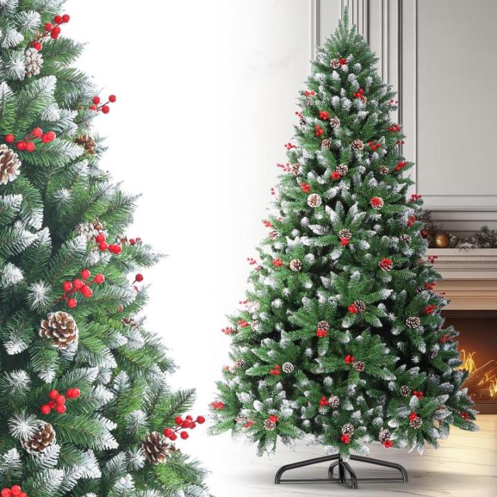 Kunstkerstboom 210 cm, dennenboom kerstboom met verlichting, met dennenappels, sneeuw, 500 twijgen, kerstboom met metalen standaard