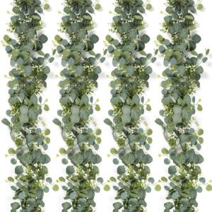 4 stuks kunstslingers, eucalyptus met wilgenbladeren, groene bladeren, witte bloemen, slinger, , hangplant voor achtergrond, bruiloft, decoratie, tafelloper, middenstuk