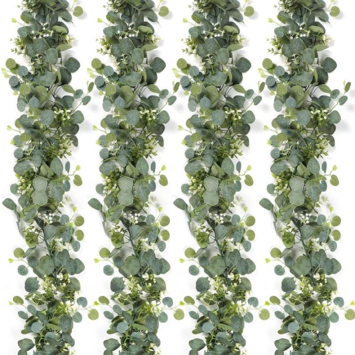 4 stuks kunstslingers, eucalyptus met wilgenbladeren, groene bladeren, witte bloemen, slinger, , hangplant voor achtergrond, bruiloft, decoratie, tafelloper, middenstuk