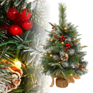 60 cm premium kunstkerstboom met 30 warmwitte draadloze leds, 4 rode bessengroepen, 4 dennenappels en houten sokkel, gemakkelijk onderhoud voor feestelijke kerstdecoratie, type B