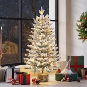 94 cm mini-kunstkerstboom met sneeuw, ingepot dennenboom met 50 leds in warm wit en 355 takpunten, met sneeuw bedekte kleine kerstboom
