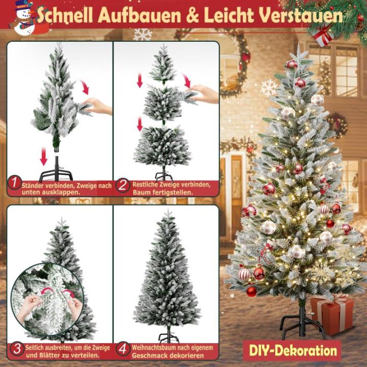 180 cm premium kunstkerstboom met warm wit verlichting, dennenboom met sneeuwspar, natuurlijk wit gevlokt voor kerstdecoratie, PE en pvc, met metalen standaard
