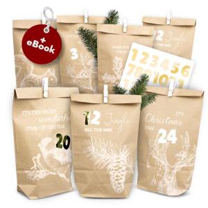 Adventskalender om te vullen, 24 papieren adventszakjes (met houten knijpers) om te knutselen voor Kerstmis, papieren kerstzakjes met cijferstickers