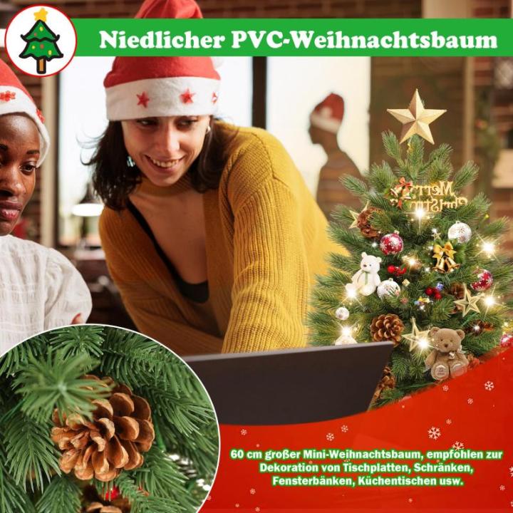 60cm Mini Künstlicher Weihnachtsbaum mit 30 LEDs Klein Tannenbaum mit Ständer PVC + PE Spitzen Christbaum für Weihnachten, Halloween, Hochzeit, Party (Kiefernzapfen + Beeren)