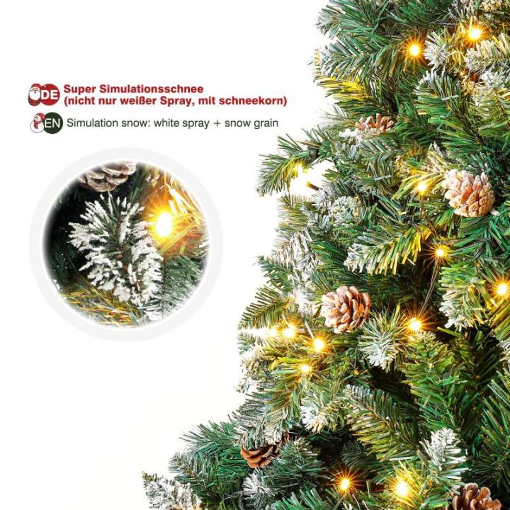 Kunstkerstboom met verlichting en witte sneeuw, led-dennenboom voor kerstdecoratie met echte dennenappels, vuurbestendig, 150 cm