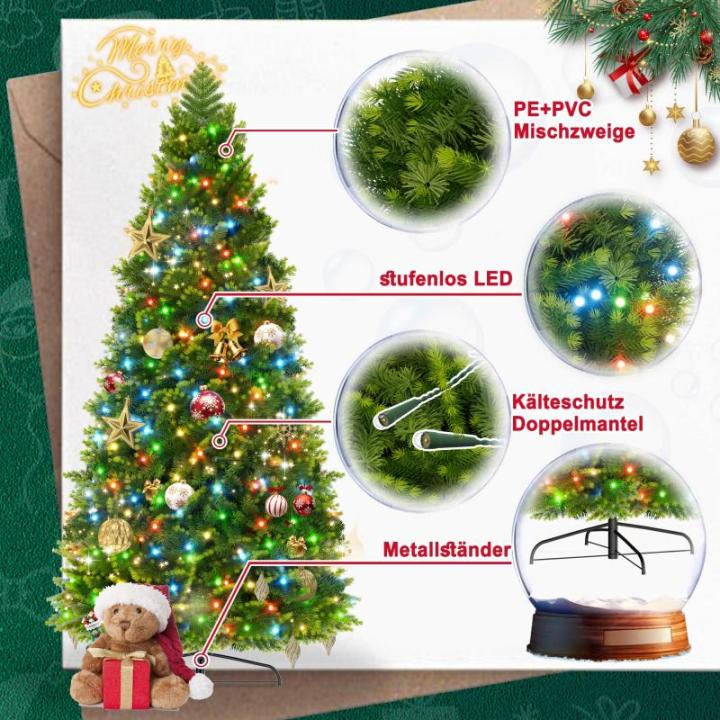 Kunstkerstboom met verlichting, kleurrijke led-premium dennenboom, magische kerstboom met PE- en pvc-takken en stevige metalen standaard, groen, 150 cm