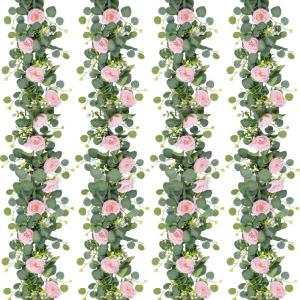Künstliche Eukalyptus-Blumengirlande mit rosa Rosen, künstliche Pflanzen, Seide, Blumen, grüne Girlande, Kunstschleierkraut, Efeu-Ranken für Hochzeitsdekoration, Zuhause, Party