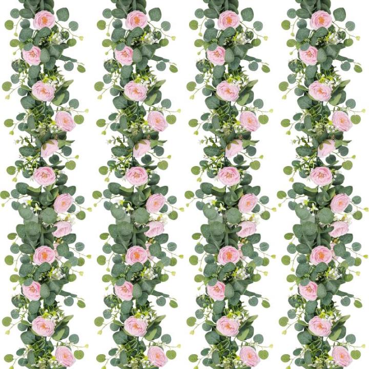 Künstliche Eukalyptus-Blumengirlande mit rosa Rosen, künstliche Pflanzen, Seide, Blumen, grüne Girlande, Kunstschleierkraut, Efeu-Ranken für Hochzeitsdekoration, Zuhause, Party