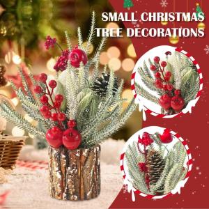 Kersttafeldecoratie in houten pot, 35 cm, kleine kunstdennentakken, kerstboom met bessen en dennenappels, mini-, dennenboom, kerstbloem, kerstdecoratie