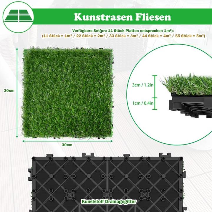 2㎡ Kunstrasen Bodenbelag Fliesen 30x30cm Rasenfliesen Outdoor Terrassenfliesen Klickfliesen mit Drainage Gitter Künstlicher Rasenteppich 22 Stück Bodenfliesen für Balkon Terra