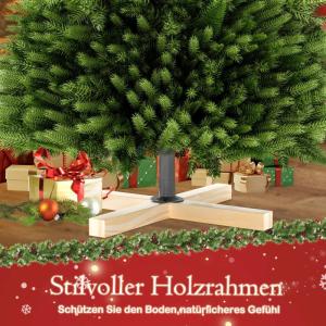 Kunstkerstboom, kunstkerstboom met verlichting, 180 cm, natuurgetrouw, met houten sokkel, kerstdecoratie