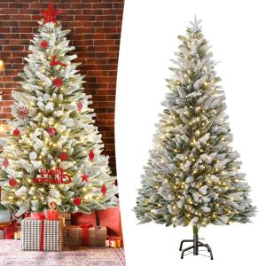210 cm premium kunstkerstboom met warm wit verlichting, dennenboom met sneeuwspar, natuurlijk wit gevlokt voor kerstdecoratie, PE en pvc, met metalen standaard