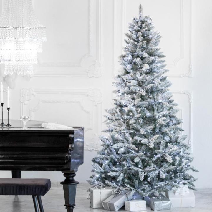 Kunstkerstboom, 180 cm, met houten standaard, dennenboom met natuurlijke witte sneeuwvlokken, made in EU