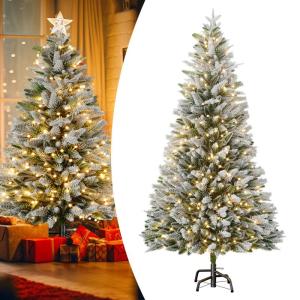 210 cm premium kunstkerstboom met sneeuweffect en verlichting, kunstkerstboom met metalen standaard, pvc en PE, moeilijk ontvlambare kerstboom, kunstboom, kerstdecoratie