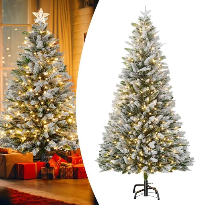 210 cm premium kunstkerstboom met sneeuweffect en verlichting, kunstkerstboom met metalen standaard, pvc en PE, moeilijk ontvlambare kerstboom, kunstboom, kerstdecoratie