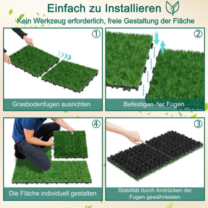 Grasfliese Set 30x30cm, Kunstrasen Rasenteppich Outdoor, 4cm Dicke, PE-Material, immergrün Grasmatte, künstlicher Rasen Bodenbelag für Terrasse, Balkon, Rasenfliesen Bodenbelag,