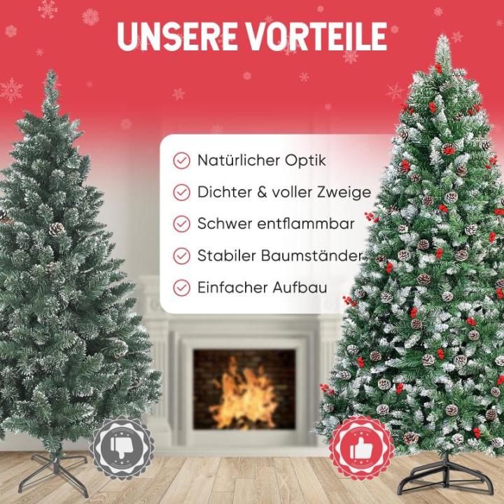 arivoo Binja Opvouwbare kerstboom, versierd met 800 takken, 37 dennenappels, 24 bessen en standaard, buigbare pvc-punten met sneeuwvlokken, moeilijk ontvlambaar (H180 cm)