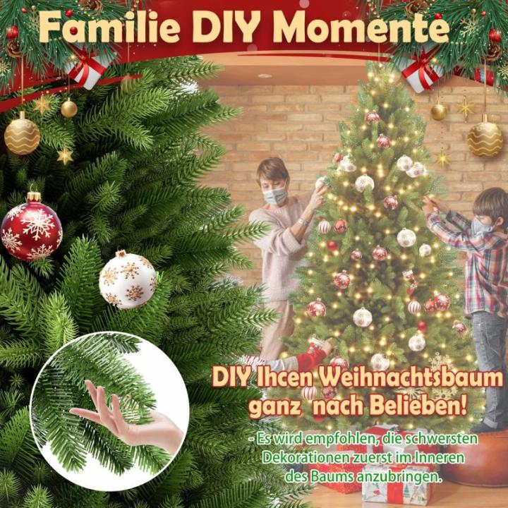 Kunstkerstboom, 210 cm, van PE en pvc, met stabiele houten standaard, realistische dennenboom, kunstkerstboom met ledverlichting voor feestelijke decoratie, snel op te bouwen, klap