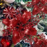 Kunstkerstbloemen, kerstboom bloemen met 15 clips, glitterbloemen, Kerstmis, kunstbloemen voor Kerstmis (rood)