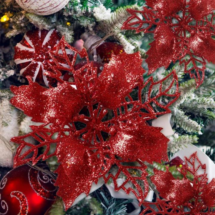 Kunstkerstbloemen, kerstboom bloemen met 15 clips, glitterbloemen, Kerstmis, kunstbloemen voor Kerstmis (rood)