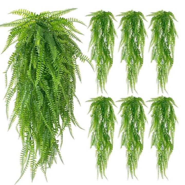 , 4/6 stuks, hangend, 80 cm, varen, groene bladeren, hangplant, , nepgroene plant, plastic planten, hangend voor binnen en buiten, decoratie (varen) (6)