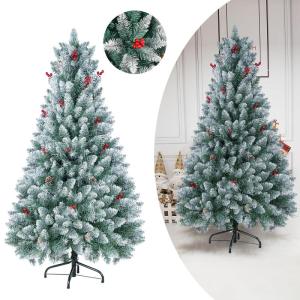 Künstlicher Weihnachtsbaum 160cm, Christbaum Künstlich mit 800 Zweigen, Mit Roten Beeren und Tannenzapfen, Für Weihnachtsschmuck