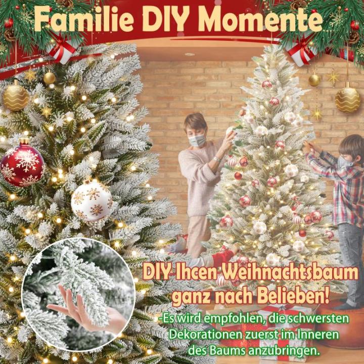 180 cm premium kunstkerstboom met warm wit verlichting, dennenboom met sneeuwspar, natuurlijk wit gevlokt voor kerstdecoratie, PE en pvc, met metalen standaard