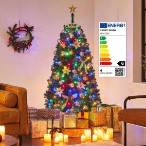 Kunstkerstboom met ledverlichting, 152,5 cm, met 396 takken en 200 warmwitte en meerkleurige lampen, 9 lichtmodi, inklapsysteem, kerstboom, dennenboom, kunstboom, groen